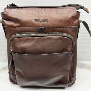 Strellson Men’s Brown Leather Crossbody Shoulder Bag Messenger Zip Pockets